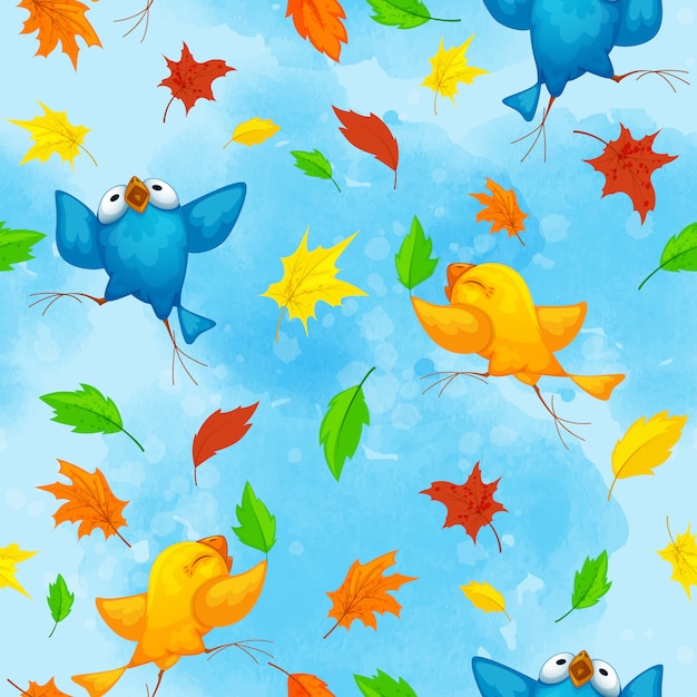 Herfst patroon met grappige dansende vogels en heldere gevallen bladeren Premium Vector