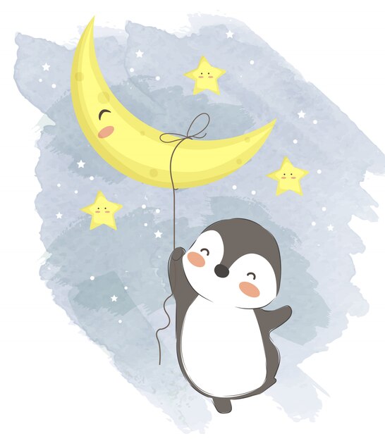Het aanbiddelijke babypinguïn hangen met de maan Premium Vector