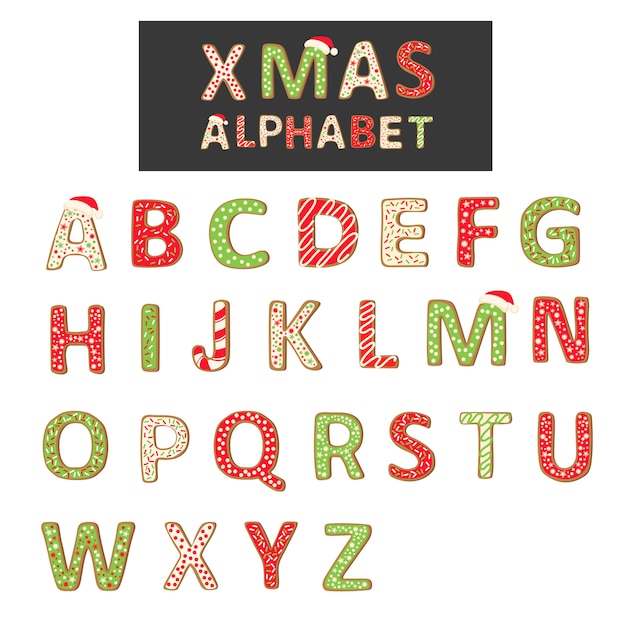Het alfabet van het kerstmiskoekje op wit wordt geïsoleerd dat Premium Vector