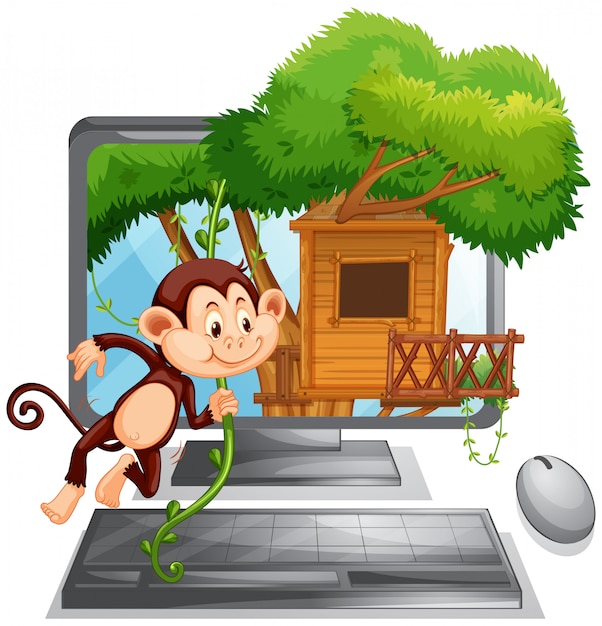 Het computerscherm met aap het spelen bij treehouse Gratis Vector