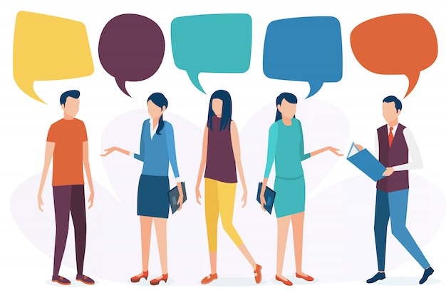 Het concept van sociale communicatie. mensen praten, discussiëren en voeren een dialoog. sociale netwerken, chatten, forum. vectorillustratie in vlakke stijl. Premium Vector