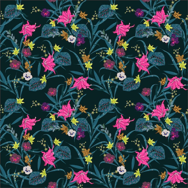 Het donkere botanische bos van de de zomernacht. exotische bloeiende veel soort bloemenillustratie. vector naadloos bloemenplantenpatroonontwerp voor stof, web, mode en alle prints Premium Vector