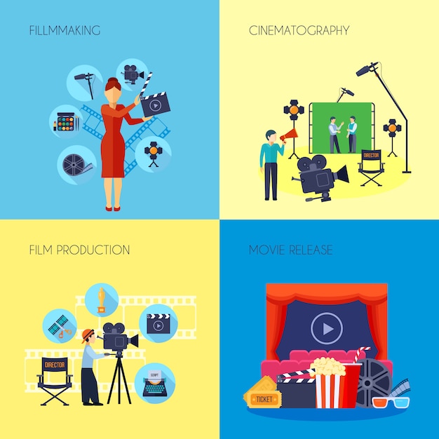 Het filmmaken concepten vlakke elementen en karakters met regisseur met luidspreker en cameraman abstracte geïsoleerde vectorillustratie Gratis Vector