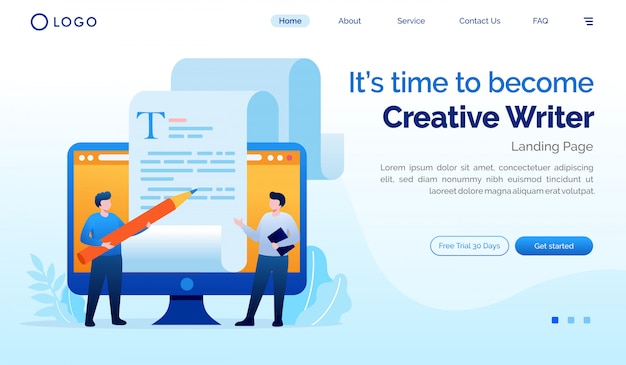 Het is tijd om creatief schrijver bestemmingspagina website plat illustratie sjabloon te worden Premium Vector