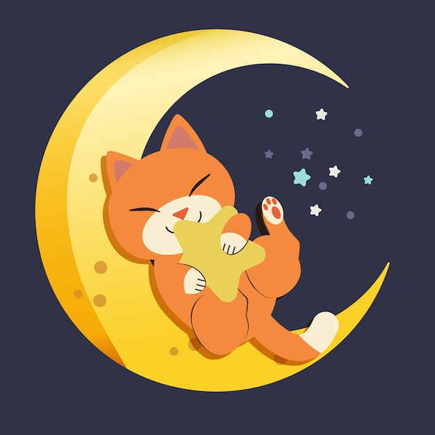 Het karakter van schattige kat zittend op de maan. de kat slaapt en hij lacht. de kat slaapt op de halve maan Premium Vector