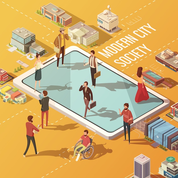 Het moderne concept van de stadsmaatschappij met mensen die via internet isometrische vectorillustratie communiceren Gratis Vector