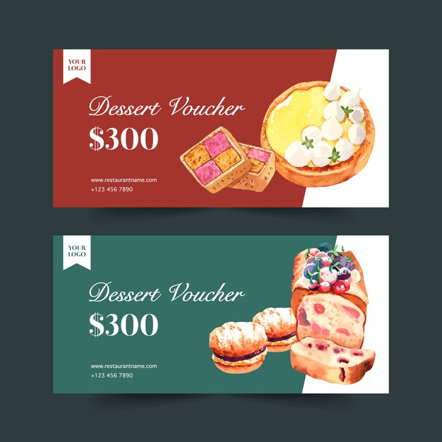 Het ontwerp van de dessertbon met brood, koekje en roomwaterverfillustratie. Gratis Vector