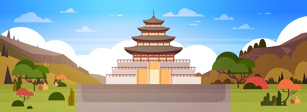Het paleis van korea of de mening van de tempelmening aan traditioneel zuid-koreaans de bouw beroemd oriëntatiepuntoriëntatiepunt Premium Vector