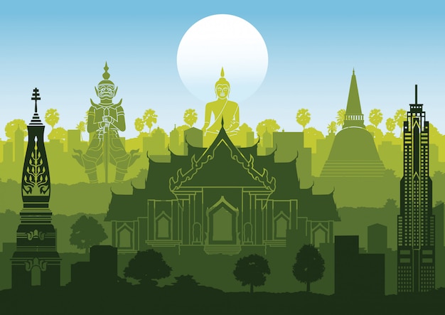 Het silhouetstijl van thailand beroemde stijl met rijontwerp op zonsondergangtijd, groene en blauwe kleur Premium Vector