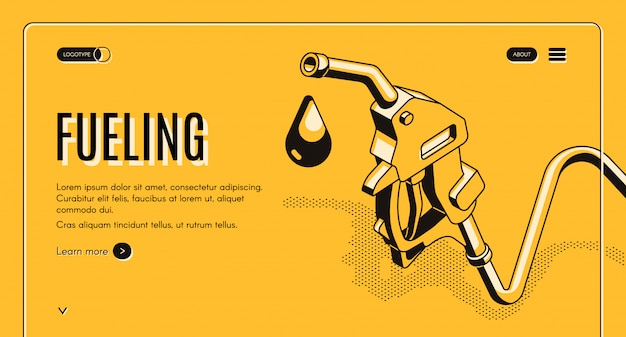 Het tanken van benzine of diesel isometrische webbanner. brandstofmondstuk op slang en druppel gas Gratis Vector
