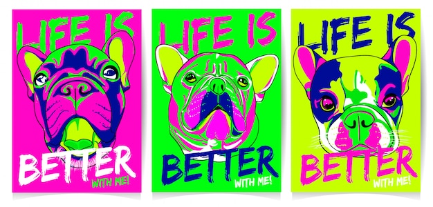 Hond hoofd illustratie met, het leven is beter met mij, slogan ingesteld Premium Vector