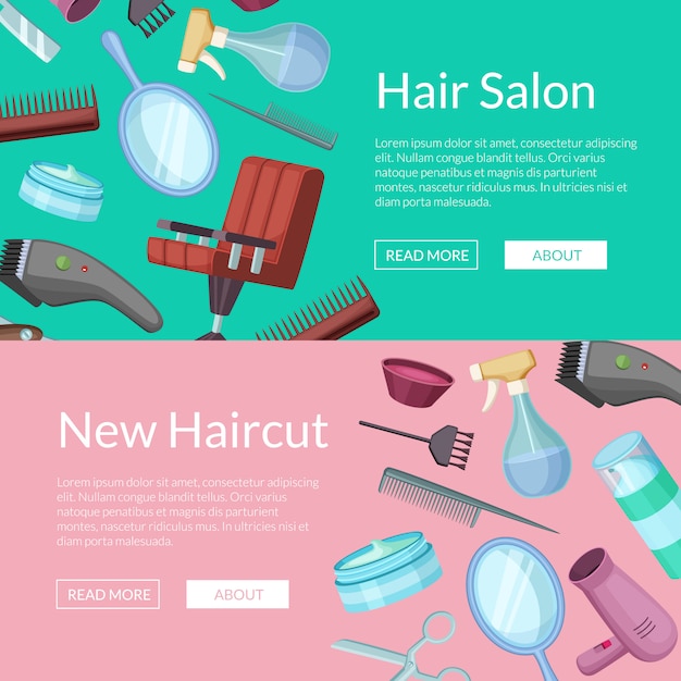 Horizontale webbanner instellen met kapper kapper cartoon elementen Premium Vector