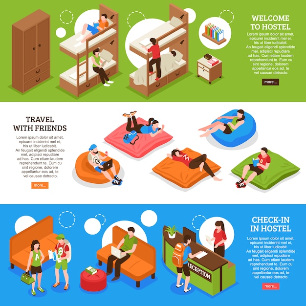 Hostel horizontale isometrische banners Gratis Vector