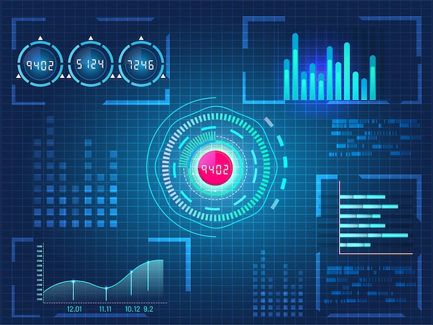 Hud ui voor zakelijke app, futuristische gebruikersinterface hud en infographic elementen op blauwe raster achtergrond. Premium Vector
