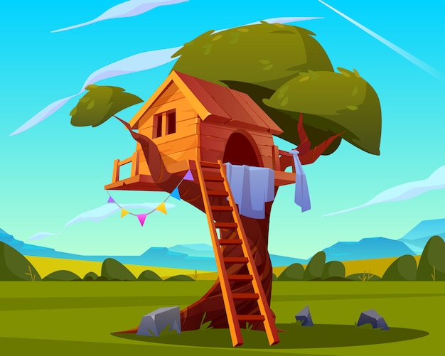 Huis op boom, lege kinderenspeelplaats Gratis Vector