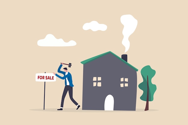 Huis te koop, verkopen verhuizen naar nieuw huis concept, huiseigenaar hamer te koop bord zijn huis. Premium Vector