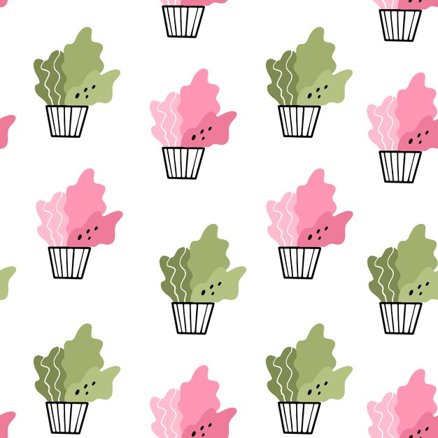 Huisbloemen in potten. vector naadloos patroon in krabbelstijl Premium Vector