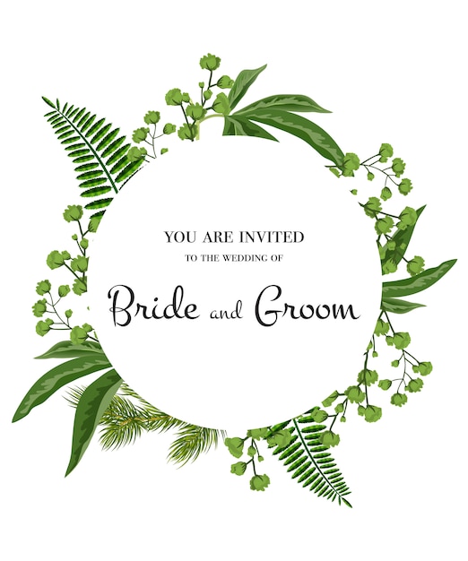 Huwelijksuitnodiging. belettering in cirkel met groen op witte achtergrond. Gratis Vector