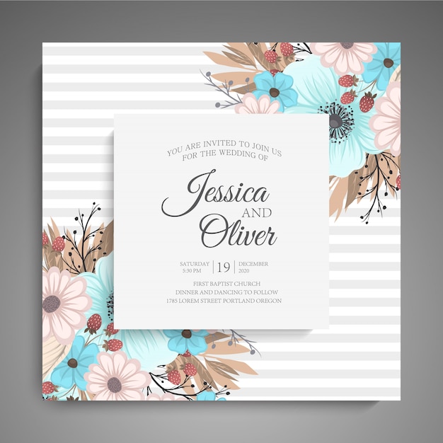 Huwelijksuitnodiging met kleurrijke bloem. Gratis Vector