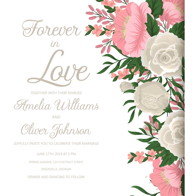 Huwelijksuitnodiging met roze bloem. Premium Vector