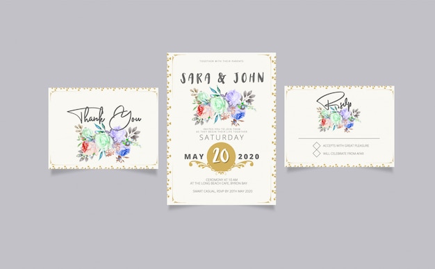 Huwelijksuitnodiging met rsvp en dank u kaardt Premium Vector
