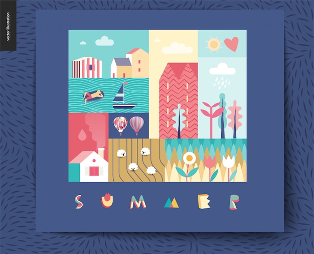 Idillic zomer landschap - platteland, stad, reizen, vakantie kamp concept Premium Vector