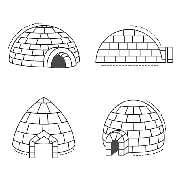 Igo eskimo pictogramserie. overzichtsreeks iglo eskimo vectorpictogrammen Premium Vector