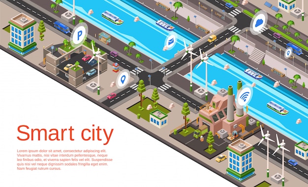 Illustratie met 3d gebouwen, straatwegen met autonavigatiesysteem Gratis Vector