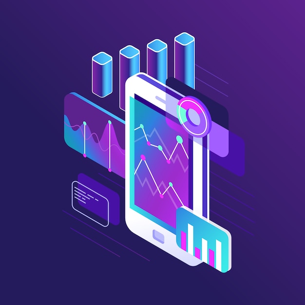 Infographic met gegevensonderzoek, trendgrafiek en bedrijfsstrategie grafieken perspectieven analytisch op ontwikkeling van smartphonescherm stroomdiagram Premium Vector