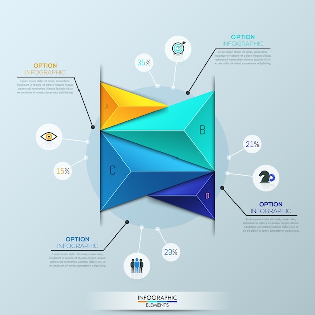 Infographic sjabloon, staafdiagram met 4 veelkleurige driehoekige elementen Premium Vector