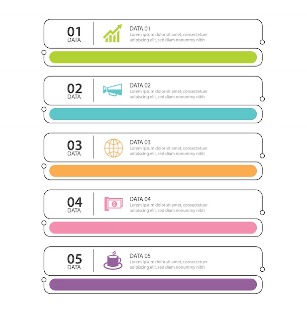 Infographics tabblad dunne lijn index met 5 datasjabloon Premium Vector