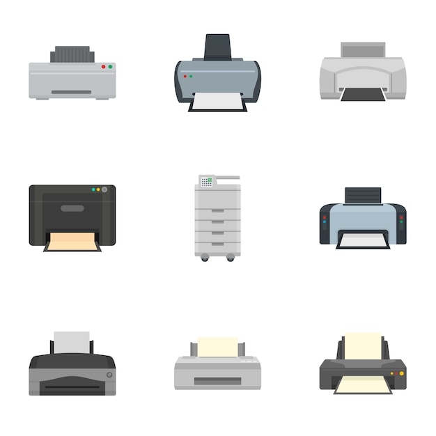 Inkjet printer icon set. platte set van 9 inkjetprinterpictogrammen Premium Vector