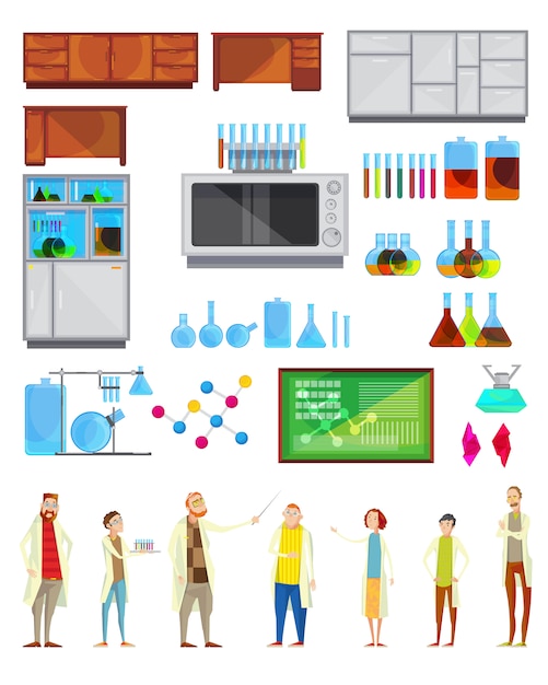 Interieur constructor set van geïsoleerde chemische laboratorium spullen meubeluitrusting en doodle teache Gratis Vector