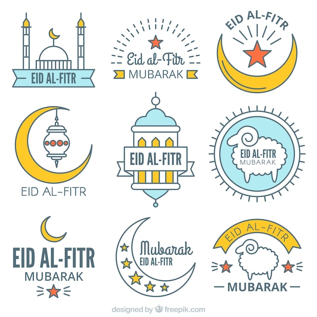 Inzameling Van Eid Al Fitr Stickers In Lineaire Stijl Gratis Vector