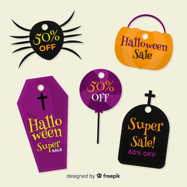 Inzameling van halloween-verkoop bagde op vlak ontwerp Gratis Vector