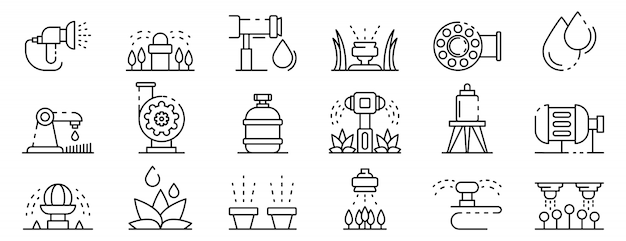 Irrigatiesysteem iconen set, kaderstijl Premium Vector