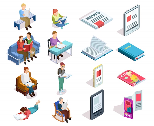 Isometirc reading icon set Gratis Vector