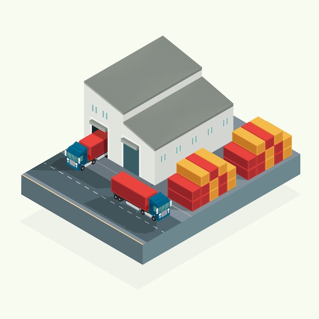 Isometrisch, cargo-logistiekvrachtwagen en vervoerscontainer in verschepende werf. illustratie vector Premium Vector
