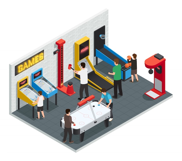 Isometrische 3d game club interieur gekleurde concept mensen spelen spellen Gratis Vector