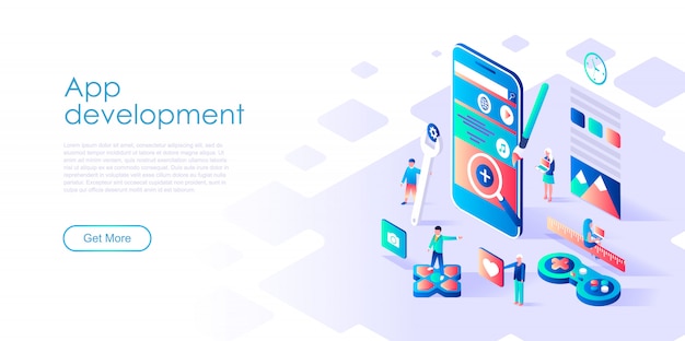 Isometrische bestemmingspagina-sjabloon app-ontwikkeling Premium Vector
