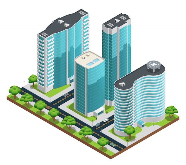 Isometrische cityscape samenstelling met moderne wolkenkrabbers en groene werven op witte achtergrond Gratis Vector
