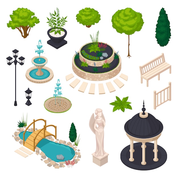 Isometrische elementen voor stadslandschap Gratis Vector