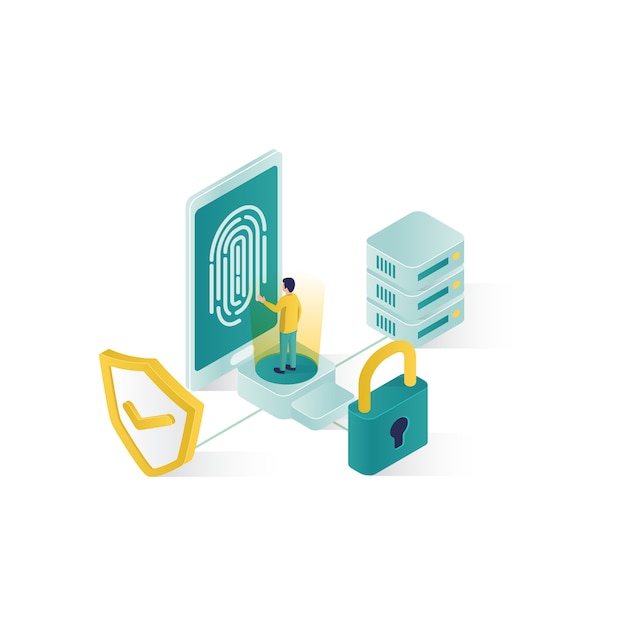 .isometrische gegevensbeveiliging illustratie, mensen gegevensbeveiliging in isometrische stijlontwerp Premium Vector