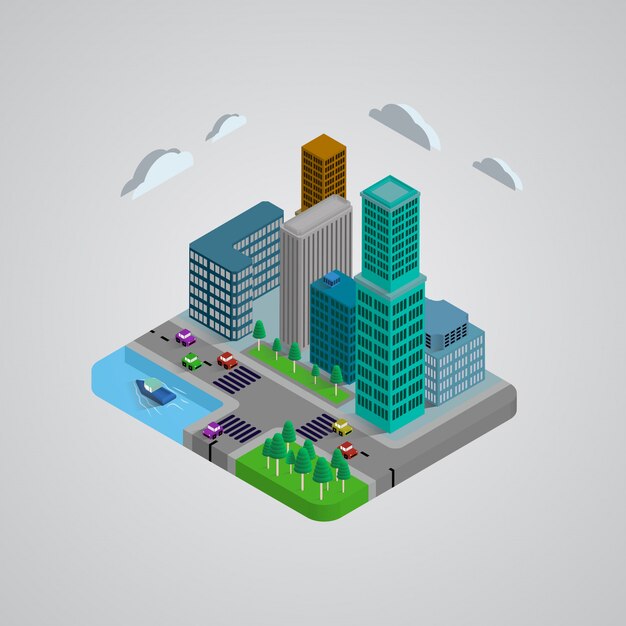 Isometrische moderne gebouwen 3d-ontwerp Premium Vector
