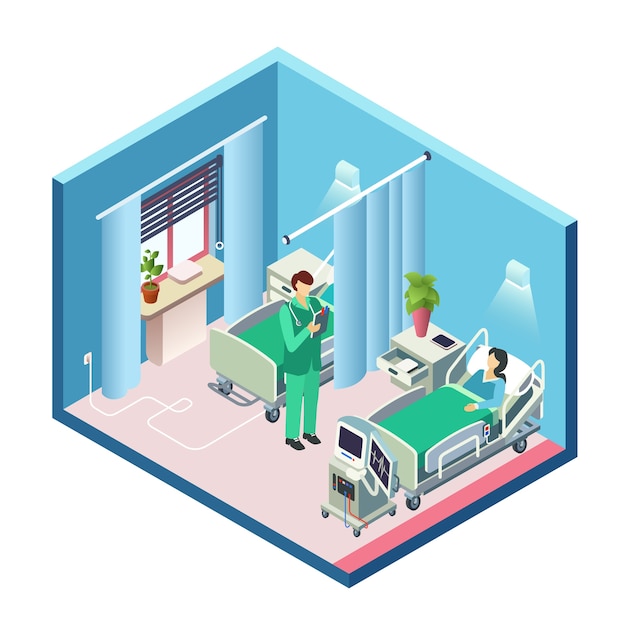 Isometrische moderne ziekenhuisruimte, afdelingsectie met vrouwelijke patiënt in bed Gratis Vector