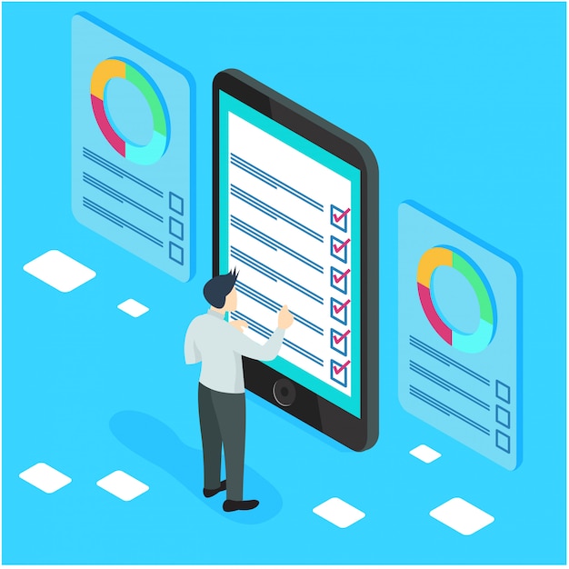 Isometrische ondernemers met checklists en takenlijsten. Premium Vector