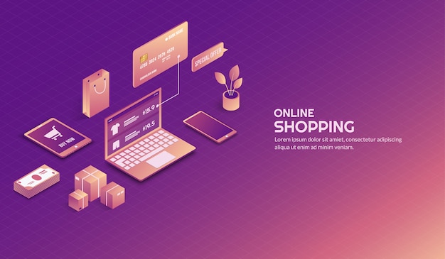 Isometrische online winkelen elementen achtergrond Premium Vector