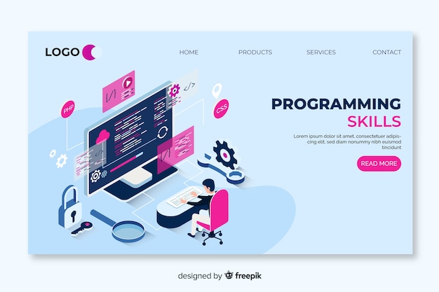 Isometrische programmering bestemmingspagina sjabloon Gratis Vector