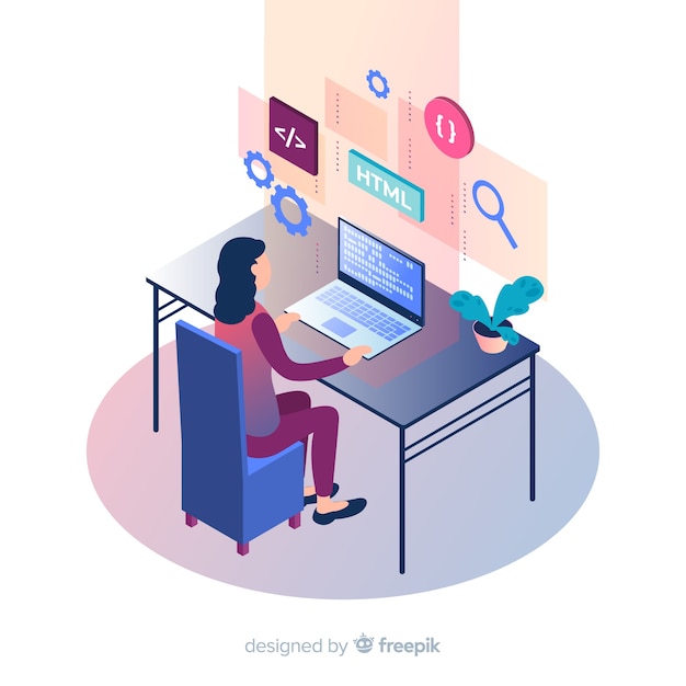 Isometrische programmeur die aan bureau werkt Gratis Vector