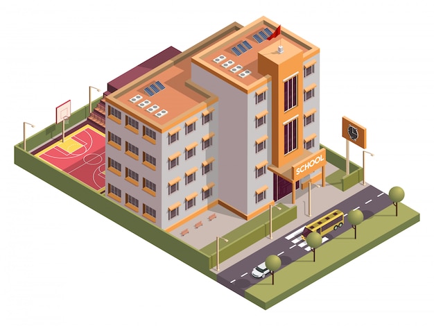 Isometrische school skyline gebouw met klok bord en basketbal grond langs voertuig straat. Premium Vector